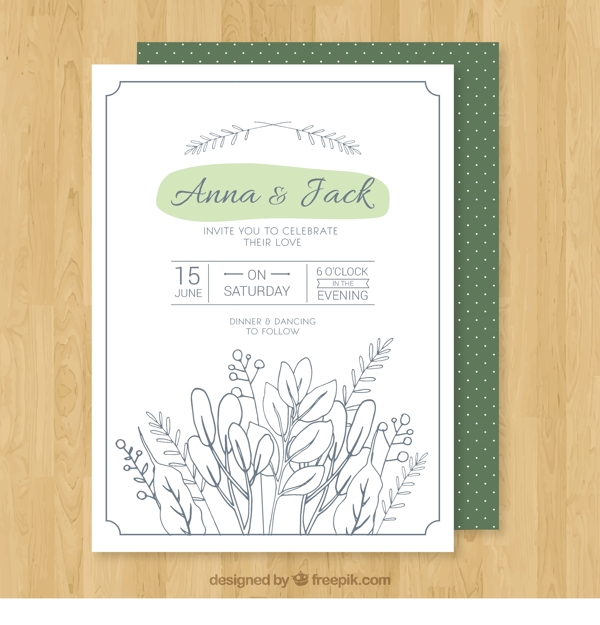 手绘素描风格植物插图婚礼邀请卡