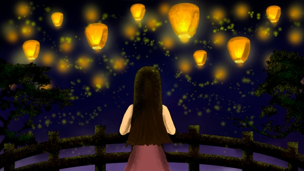 晚安中元节看花灯的小女孩背影孔明灯