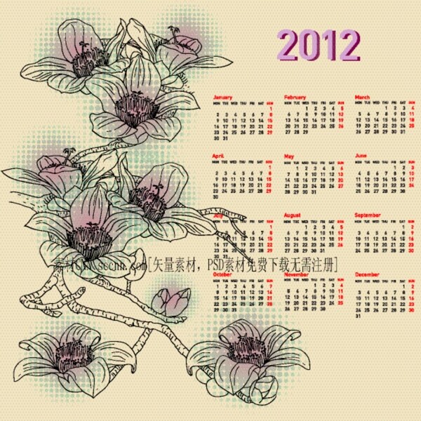 矢量素材花卉线稿2012年历模板
