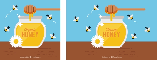 蜂蜜罐背景周围的蜜蜂