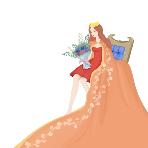 女王节公主女神手绘女生卡通人物皇冠坐姿