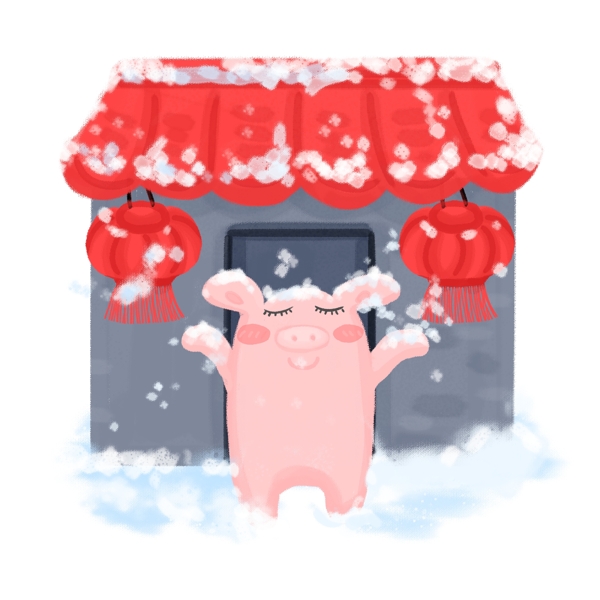 冬天冬季下雪房子猪灯笼手绘插画