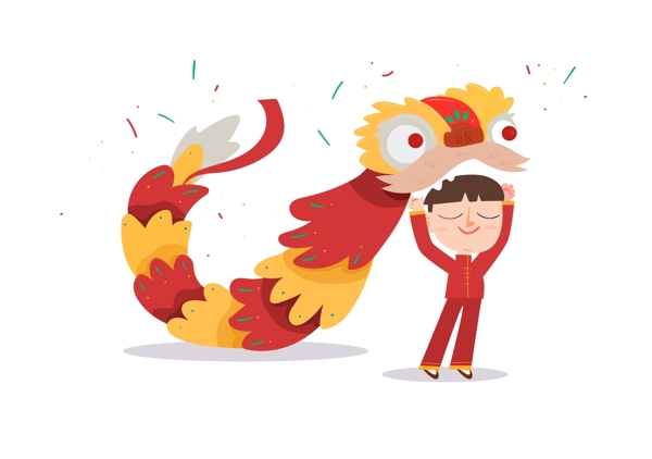 手绘卡通庆祝中国传统舞狮