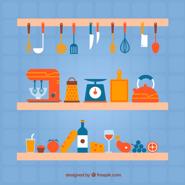 彩色架子上的厨具和食物矢量图