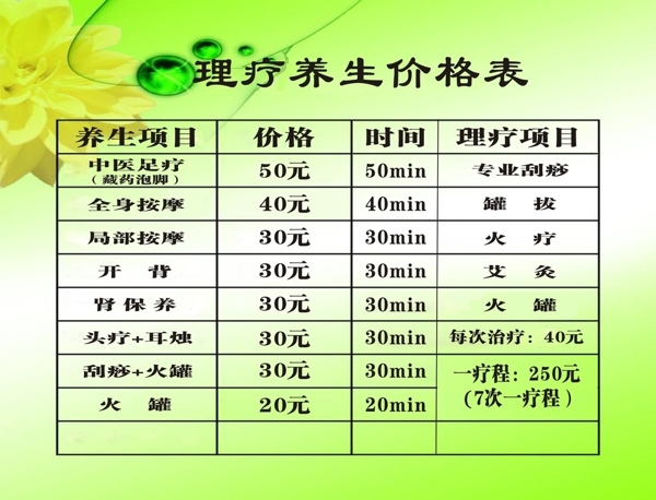 理疗养生价格表图片