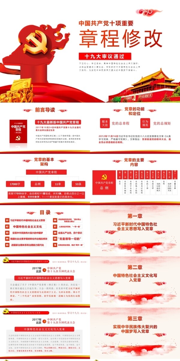 红色简洁多图表新党建党课PPT模板