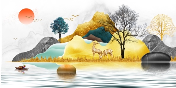 新中式风景金色山水渔船装饰画