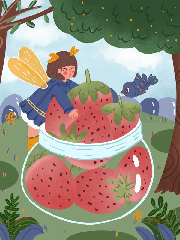 创意水果之精灵与草莓卡通可爱手绘插画