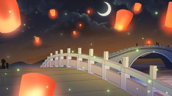 手绘桥上孔明灯背景设计