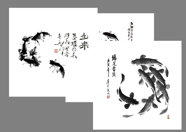 中式简约锦鲤鱼水墨中国画三联装饰画