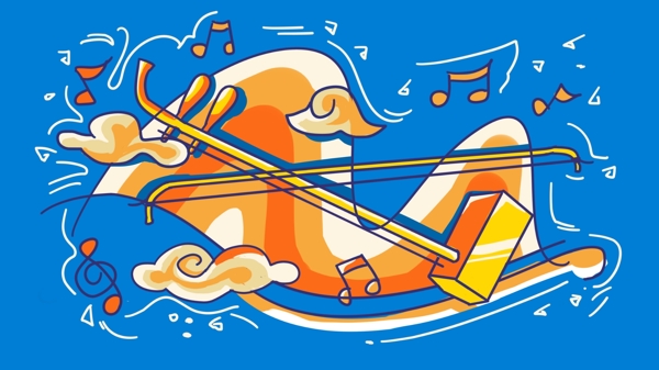 音乐节时尚线稿描边撞色二胡乐器手绘插画