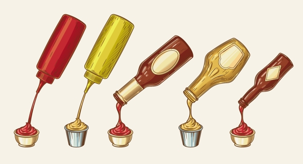 矢量雕刻风格设置不同的酱料的插图是从瓶到碗里倒