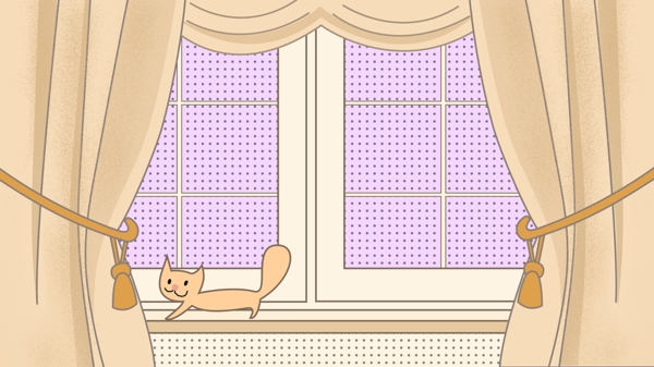 窗台上的小猫窗户窗帘卡通背景