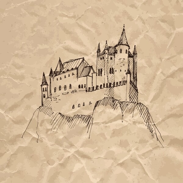 悬崖上城堡褶皱纸张手绘速写欧洲建筑矢量