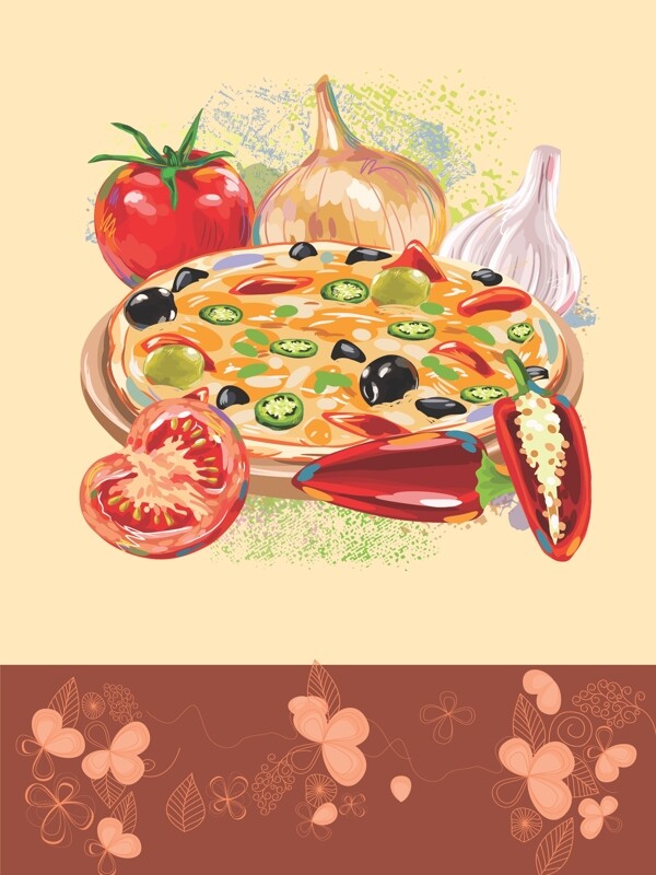 披萨美食花纹米黄菜单矢量手绘背景