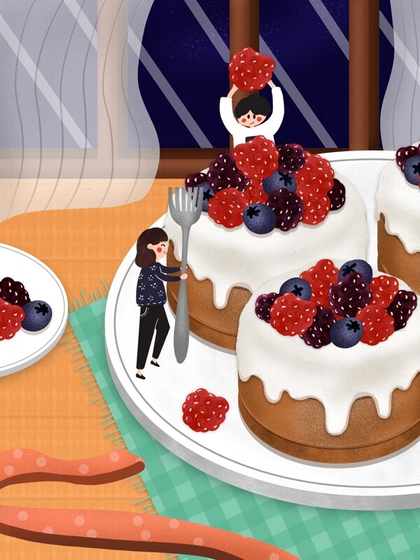 原创趋势美食大作战水果蛋糕手绘插画