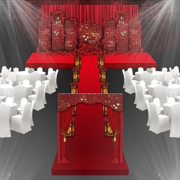 大红色新中式婚礼舞台效果图
