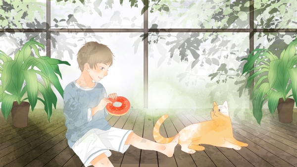坐在地板上拿着甜甜圈逗猫的小男孩