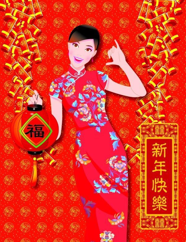 中国漂亮的红色裙子的祝福新年矢量