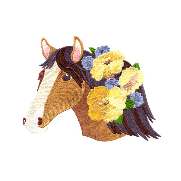 绣花植物花朵动物马免费素材