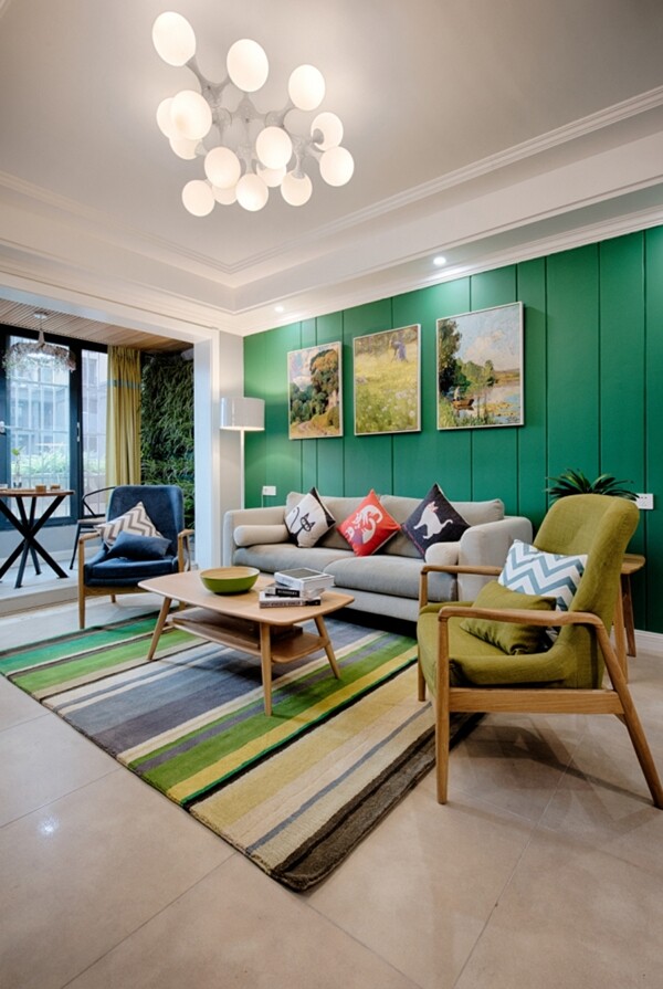 现代时尚客厅彩色条纹地毯室内装修效果图