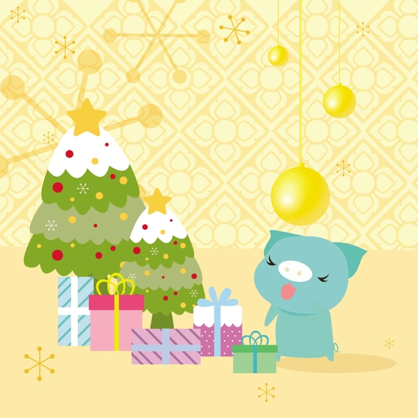 猪蓝色绿色圣诞礼物盒子