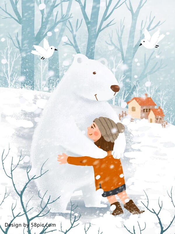 寒冷的冬天和大熊拥抱的女孩原创手绘插画