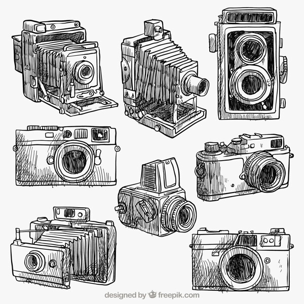 各种手工绘制的老式相机