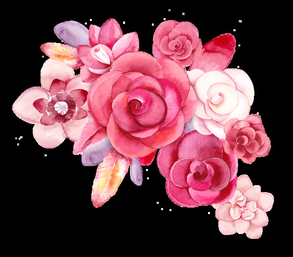 手绘粉红色玫瑰花png透明素材