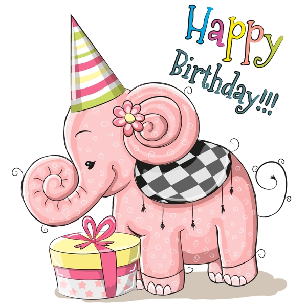 粉色大象生日贺卡矢量素材图片