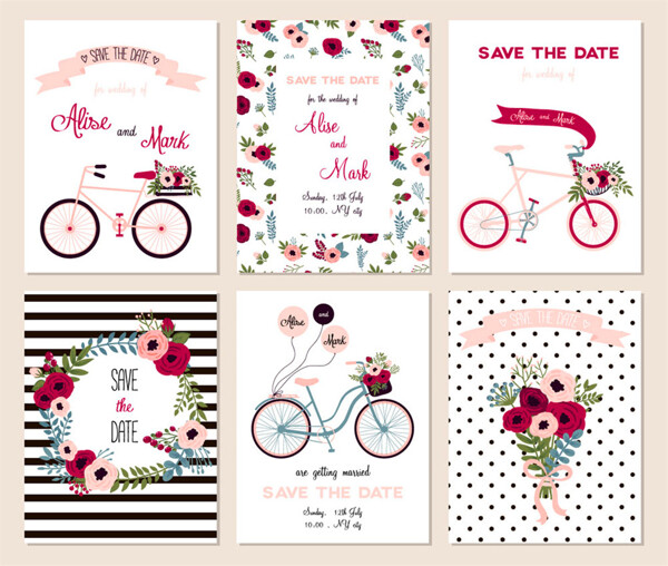 玫瑰花自行车婚礼卡片图片