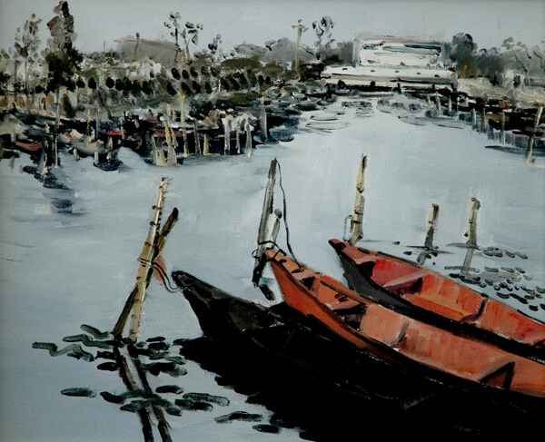 湖面上的渔船油画图片