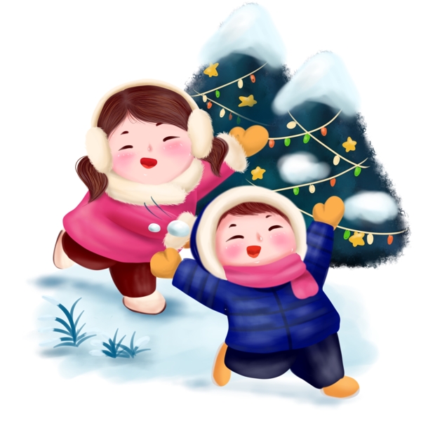 打雪仗冬天冬季圣诞节日欢乐可爱可商用插画