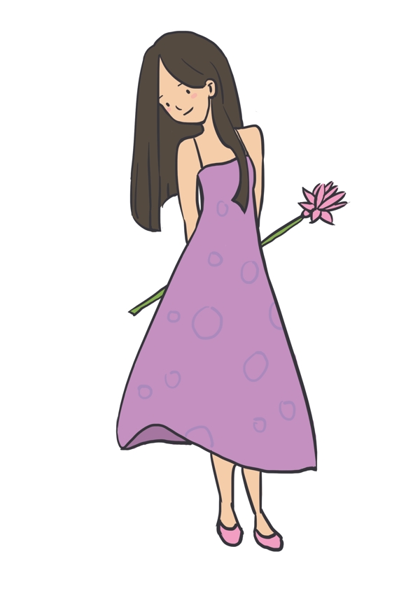 穿紫色裙子拿花束的少女