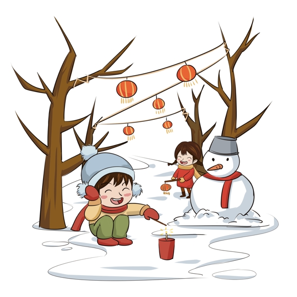 新年小男孩小女孩户外玩耍放鞭炮堆雪人卡通手绘