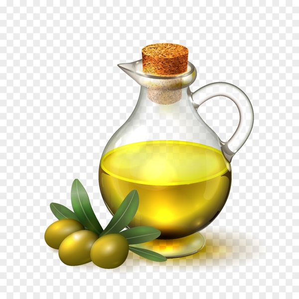 玻璃油壶里的橄榄油和青橄榄