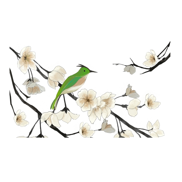 白色花枝绿色小鸟卡通元素