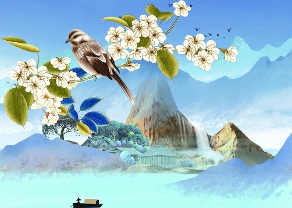 山水麻雀水彩墙画壁画素材图片