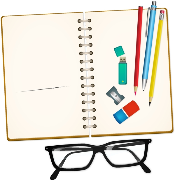 彩色铅笔记事本与眼镜矢量图