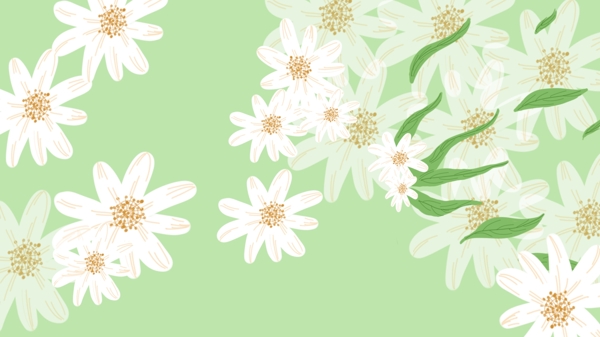 白色素雅花朵绿色卡通背景