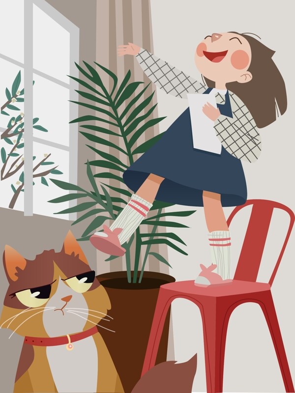六月好天气女孩和猫的日常的插画的插画