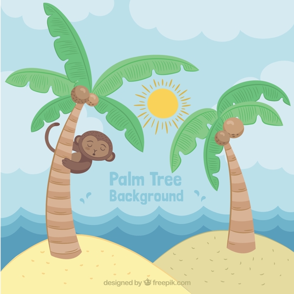 手绘棕榈树可爱猴子热带背景素材