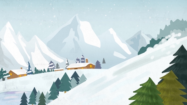 蓝色卡通风圣诞树雪山背景