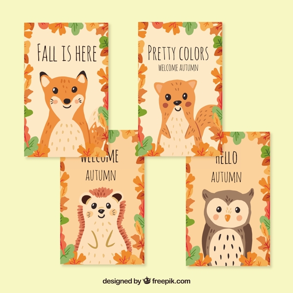 可爱动物手绘秋季卡片