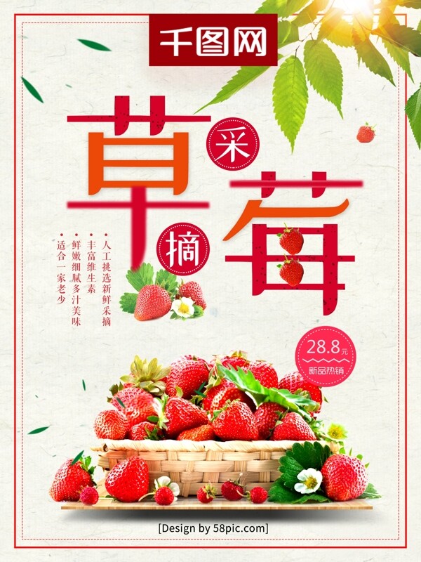创意字体草莓采摘草莓园草莓批发促销海报