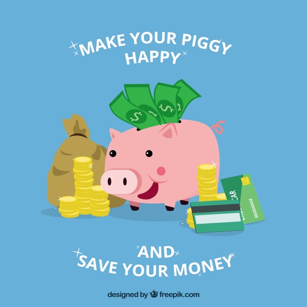 小猪存钱罐硬币钱袋蓝色背景