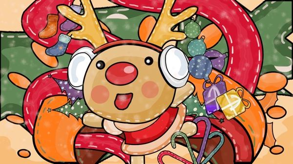 圣诞节狂欢麋鹿猪涂鸦风格插画