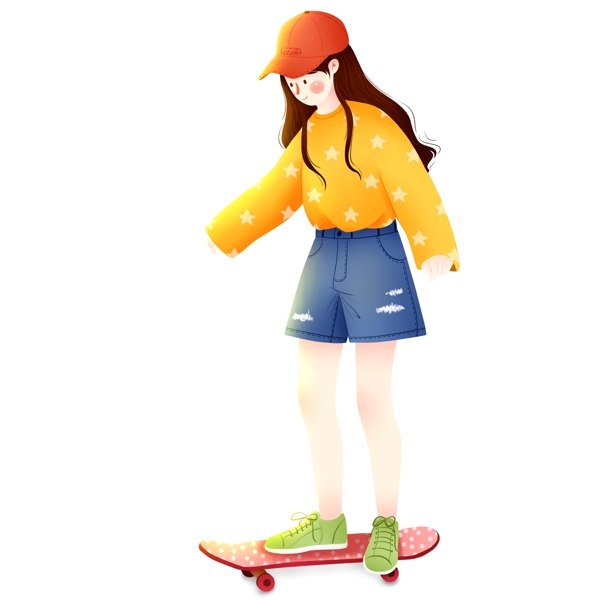卡通小清新玩滑板的少女人物设计