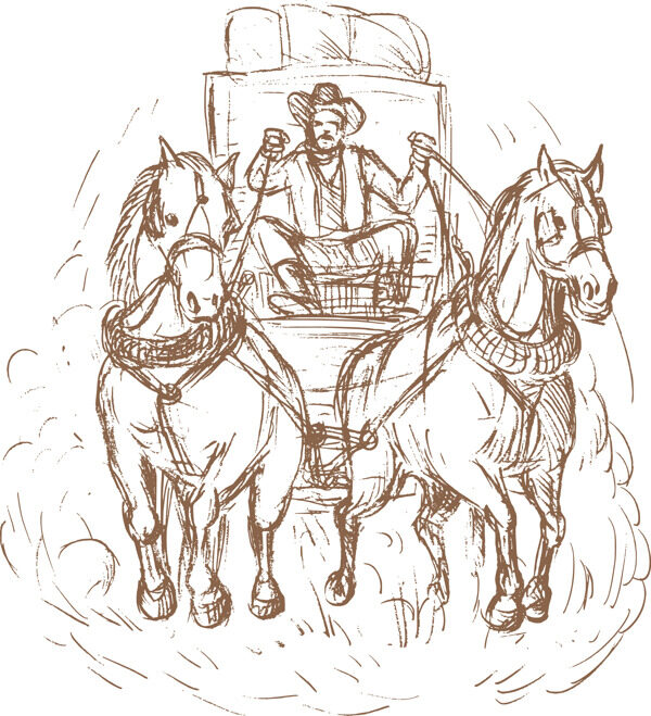 牛仔驿站马车的车夫和马的前面