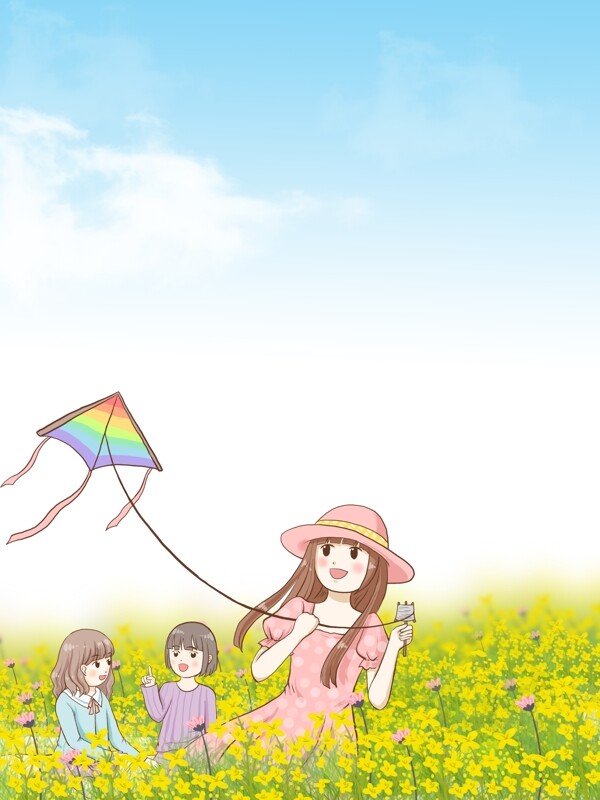 春季女孩野外放风筝背景